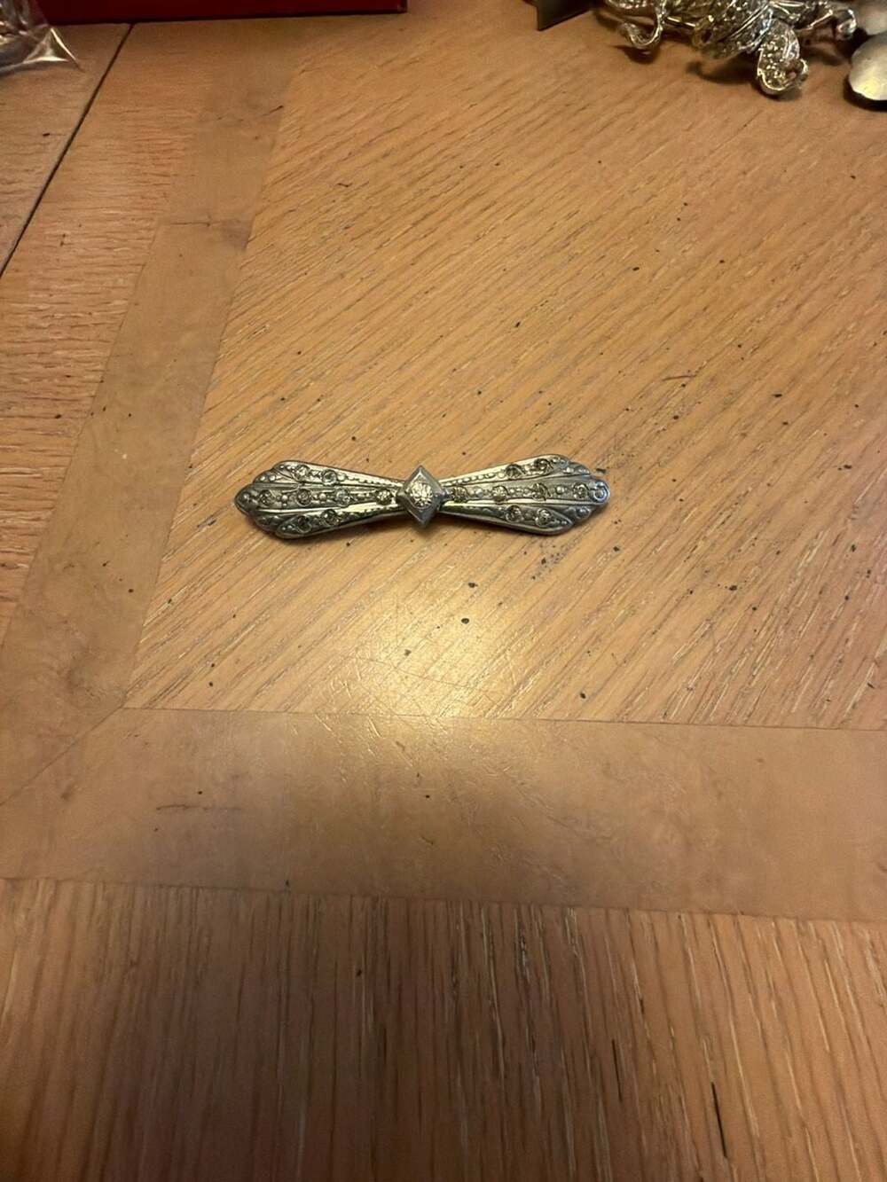 Vintage Art Deco Silver Tone Filigree Bar Brooch with Paste Stones